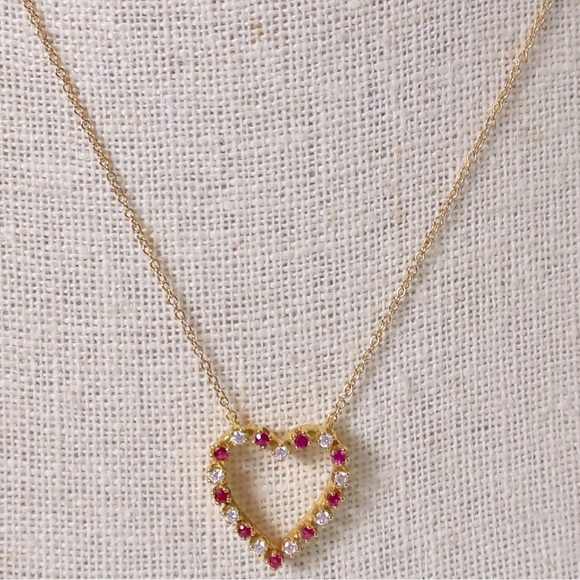 🌹SOLD! ❌ 18K Open Heart Red Ruby Diamond Necklace - Picture 4 of 11
